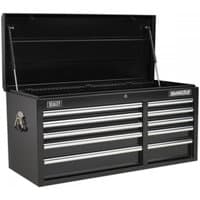 Black Sealey topchest with 10 drawers, ball-bearing slides, and a heavy-duty build, featuring silver handles.