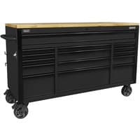Black mobile trolley with wooden worktop, 15 drawers, and heavy-duty wheels by Sealey.