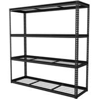 Black heavy-duty modular racking unit with four wire mesh shelves and perforated metal frame.