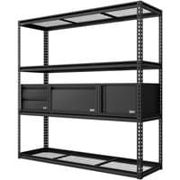 Black heavy-duty modular racking kit with three storage units, mesh shelves, and sturdy metal frame.