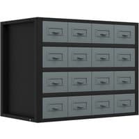 Modular racking unit with 16 gray small drawers in a black frame, ideal for organized storage.