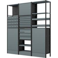 Modular racking system with grey shelves, drawers, and cabinets, black frame, 1.74m height, by Sealey.