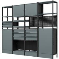Black and gray modular racking system with shelves, drawers, and pegboard, measuring 2.32m by Sealey.