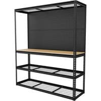 Black heavy-duty modular workbench with pegboard, wooden top, and metal racking, 1820mm by Sealey.
