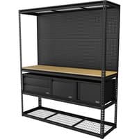 Black modular workbench with wooden top, pegboard back, and three black storage units below.