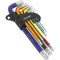 Sealey 9pc ball-end hex key set, color-coded, long metric, with black holder, each key a different vibrant color.