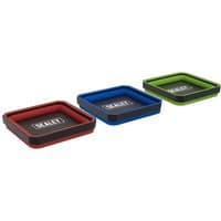 Sealey collapsible magnetic parts trays in red, blue, and green with black bases and Sealey logo in the center.