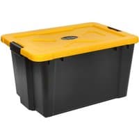 Black Sealey stackable storage box with yellow lid, 54-liter capacity, featuring side handles and a secure latch.
