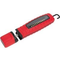 Red Sealey cordless inspection lamp with 10 SMD LEDs, 360° rotation, and black hook, rechargeable lithium-ion battery.
