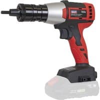 Red and black Sealey cordless nut riveter with brushless motor, silver nose, and ergonomic grip, includes two 20V batteries.