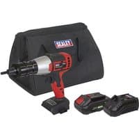 Red and black Sealey cordless nut riveter with brushless motor, 20V battery, charger, and black carrying case.