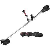 Sealey brush cutter and trimmer with silver shaft, black motor, red handle, and two 20V 4Ah batteries with charger.
