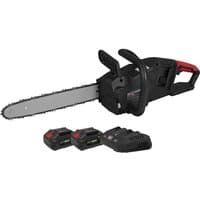 Black and red Sealey cordless chainsaw with 35cm blade, two 20V 4Ah batteries, and a dual battery charger.