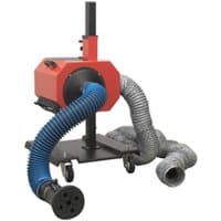 Red and black Sealey exhaust fume extractor with blue and gray ducting on wheels.