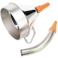 Silver metal funnel with orange flexible spout and filter, 200mm, by Sealey.