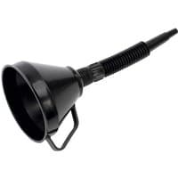 Black Sealey funnel with wide mouth, flexible ribbed spout, and handle, featuring a built-in filter.
