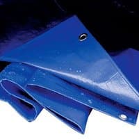 Blue Sealey heavy duty tarpaulin, 12x16ft, with reinforced edges and metal grommets for secure fastening.