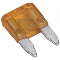 Orange Sealey automotive mini blade fuse, 5A, transparent casing, metal prongs, pack of 50.