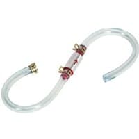 Clear Sealey motorcycle brake bleeder with flexible tubing and brass fittings, featuring a central transparent chamber.