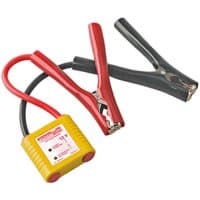 Yellow Sealey 12V auto electronics protection device with red and black clamps and short connecting cables.