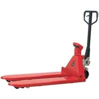 Red Sealey pallet truck with scales, black handle, and dual forks for 2-tonne capacity.