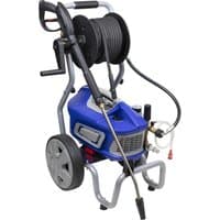 Blue Sealey pressure washer with hose reel, large wheels, and metal frame, featuring a spray gun and detergent tank.