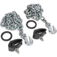 Sealey chain kit with two 2m metal chains, two silver hooks, and two black clamps with bolts.
