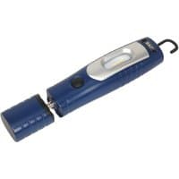 Blue Sealey rechargeable inspection lamp with 360° rotation, 7 SMD LEDs, 3W LED, and a hook for hanging.