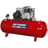 Red Sealey SAC55075B air compressor with 500-litre tank, black motor, and protective metal cage on top.