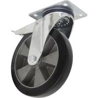 Heavy-duty rubber castor wheel with swivel and total lock, metallic frame, black tire, and 152mm diameter.