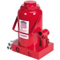 Red Sealey SJ30 30 Tonne bottle jack with cylindrical body, handle, and base, featuring a label on the front.