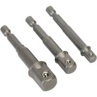 Sealey 3pc socket adaptor set, silver metal, hex shank with ball detent, varying lengths for power tools.