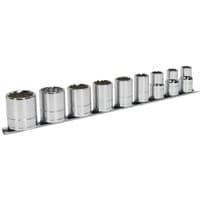 Sealey 9-piece socket set, 1/2" square drive, silver finish, arranged in a row on a metal rail.