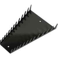 Black Sealey spanner rack with magnetic base, holds 12 spanners, features angled slots and two mounting holes.