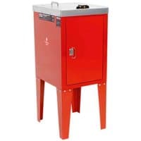 Red Sealey spray gun cleaning tank with a single gun capacity, featuring a rectangular door and sturdy metal legs.