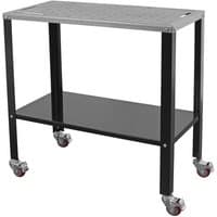 Black Sealey welding table with perforated metal top, lower shelf, and four caster wheels for mobility.