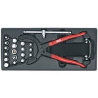 Sealey TBT28 set with red-handled pliers, multiple socket wrenches, and a T-handle in a black tray.