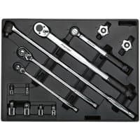 Black tool tray with silver breaker bars, ratchets, and socket adaptors, featuring Sealey branding.