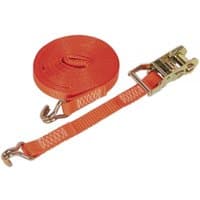 Orange Sealey ratchet strap with metal hooks and ratchet mechanism, 25mm x 8m polyester webbing, 1500kg strength.