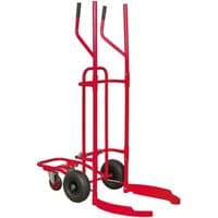 Red Sealey TH003 tyre trolley with dual handles, two black wheels, and curved supports for holding tyres.