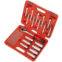Red Sealey 18pc shock absorber strut nut kit with sockets, ratchet, and storage case.