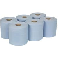 Pack of 6 blue Sealey workshop paper roll wipes, cylindrical shape with visible cardboard cores.