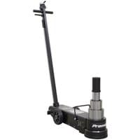 Black Sealey telescopic jack with wheels, long handle, and adjustable air-operated lifting mechanism.