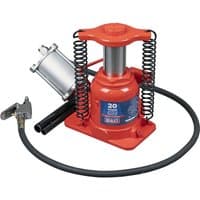 Red Sealey low profile hydraulic bottle jack with air-operated pump, coiled springs, and black hose attachment.