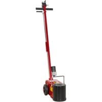 Red Sealey YAJ301 30 Tonne air-operated jack with long handle, black wheels, and sturdy lifting cylinder.