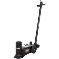 Black Sealey YAJ30H 30 tonne air operated jack with long handle, two wheels, and sturdy cylindrical lifting mechanism.