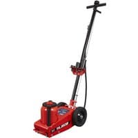 Red Sealey 50 Tonne air-operated trolley jack with long handle, black wheels, and compact hydraulic unit.