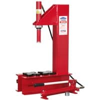 Red Sealey YC10B hydraulic 10 tonne bench press, 'C' type design with vertical cylinder and black base.