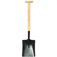 Square shovel with a wooden handle and black metal blade, featuring a T-shaped grip.