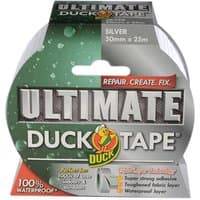 Silver Duck Tape Ultimate 50mm x 25m roll with waterproof layer and toughened fabric texture.